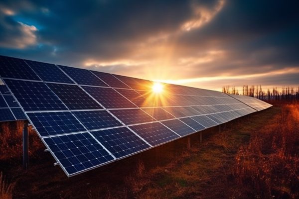 Sunset sky reflects solar panel sustainable power generation generated by artificial intelligence